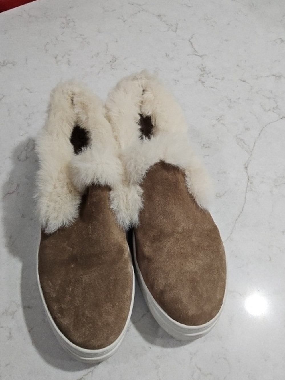 J/SLIDES Taupe Suede Slip-On Sneakers with Cream Faux Fur Collar